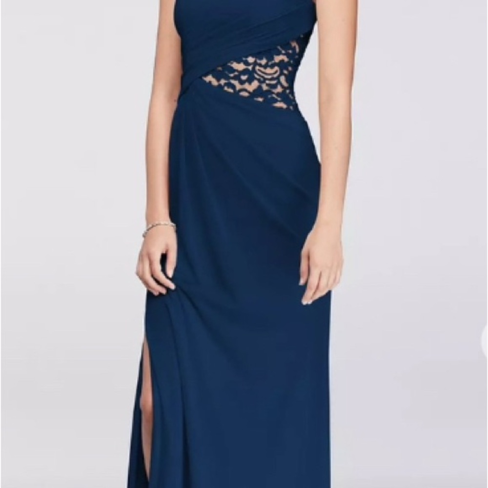 NWT David’s Bridal Elegant One Shoulder Navy Blue Size 16 Evening Gown